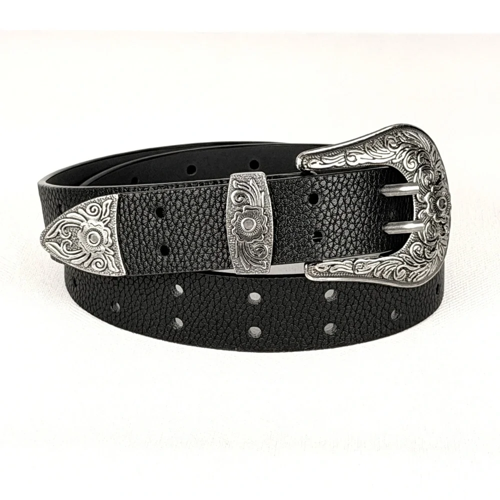 Boho Unbranded Black Belt Ornate Silver Western Double Prong Buckle Floral Tip